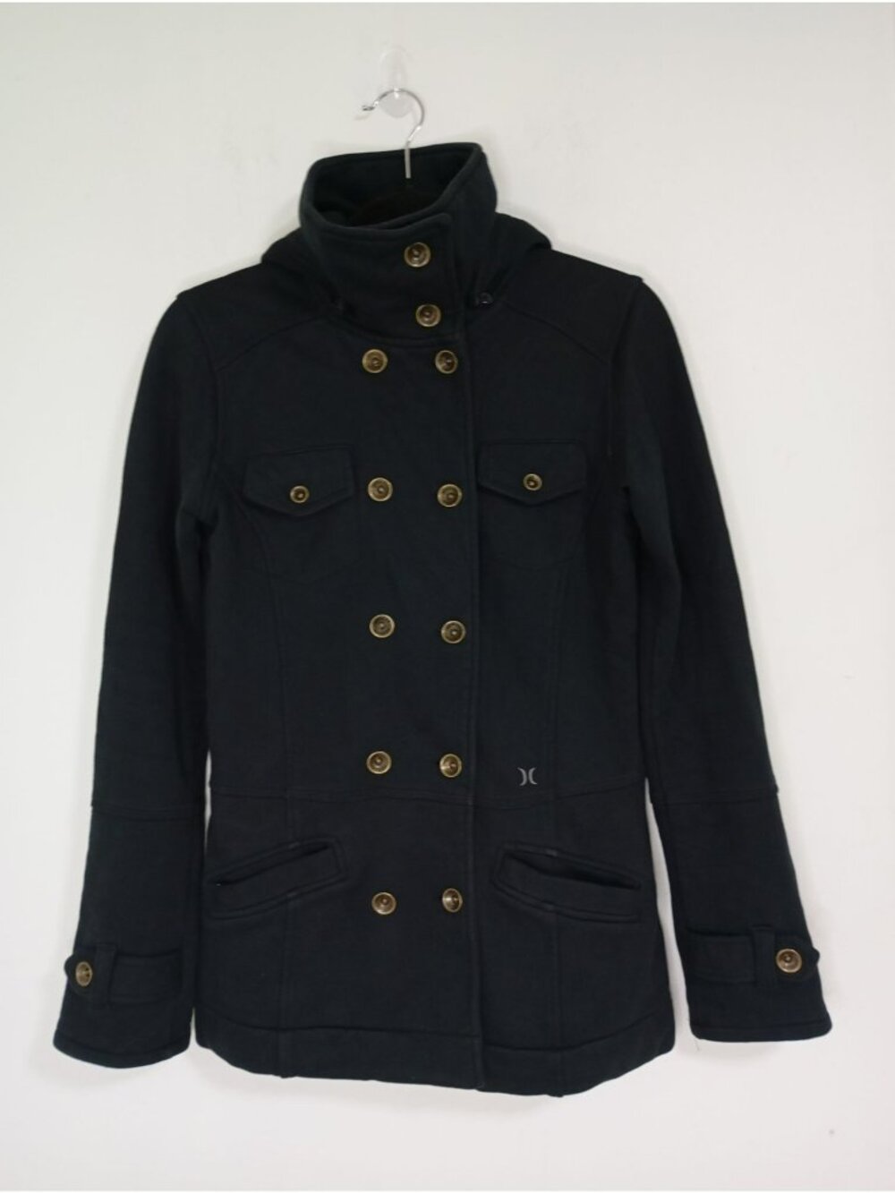 Hurley Black Double-Breasted Military-Style Hooded Coat Womens S 100% Cotton